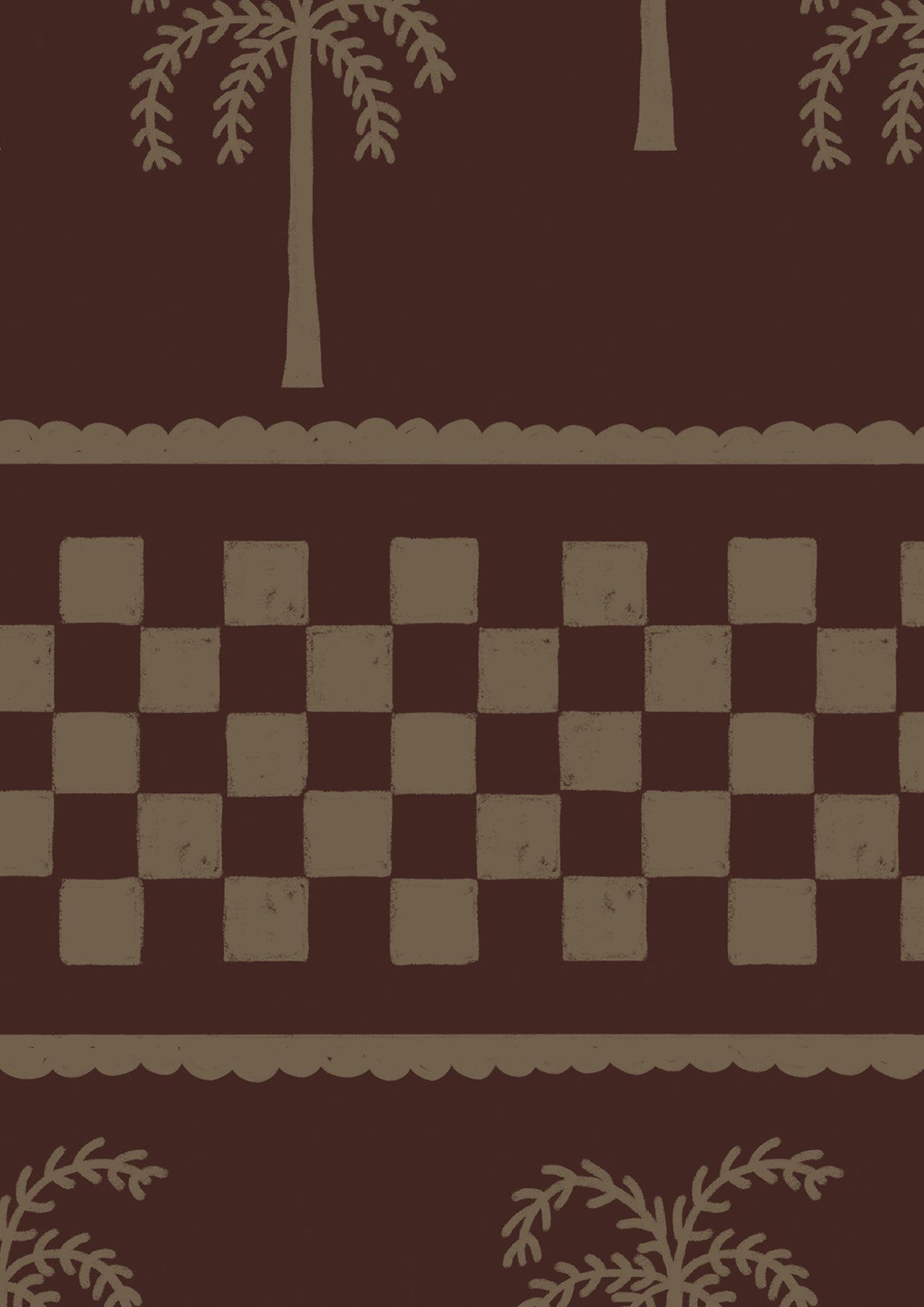 Deep brown wallpaper with tonal palm rows and geometric stripe accents in beige, from the Shatha collection with Urban Road.