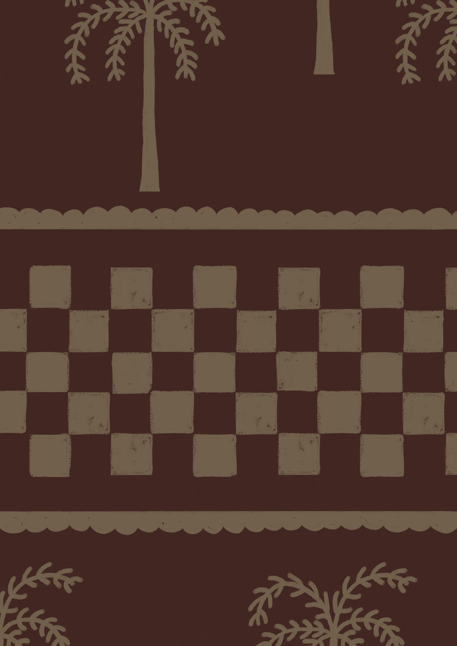 Deep brown wallpaper with tonal palm rows and geometric stripe accents in beige, from the Shatha collection with Urban Road.