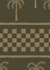 Earthy olive wallpaper with khaki palms arranged in rows and a central checker pattern band, from the Shatha collection with Urban Road.