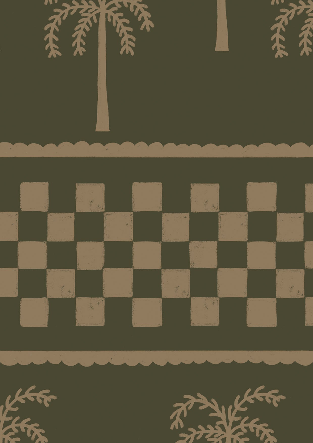 Earthy olive wallpaper with khaki palms arranged in rows and a central checker pattern band, from the Shatha collection with Urban Road.