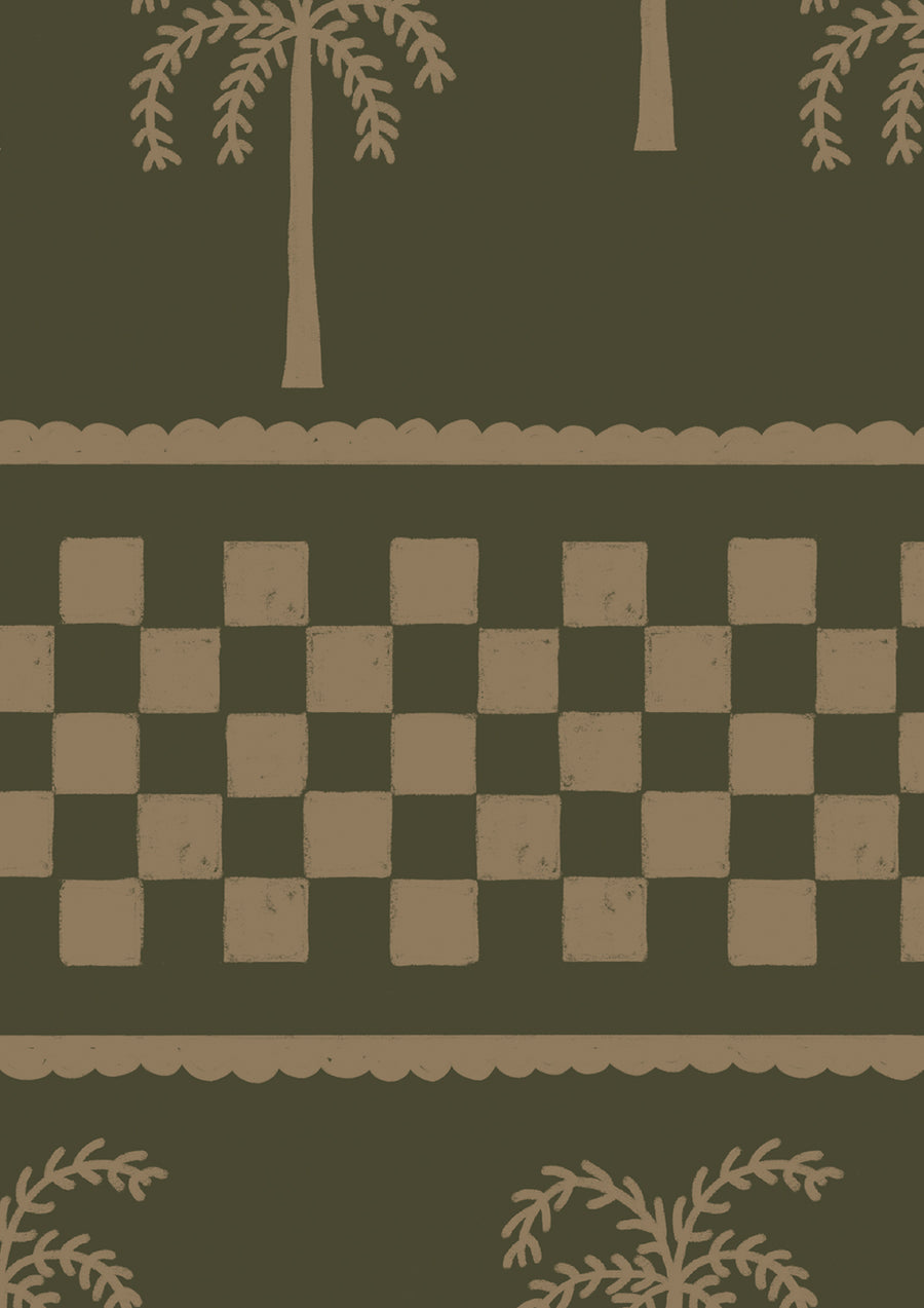 Earthy olive wallpaper with khaki palms arranged in rows and a central checker pattern band, from the Shatha collection with Urban Road.