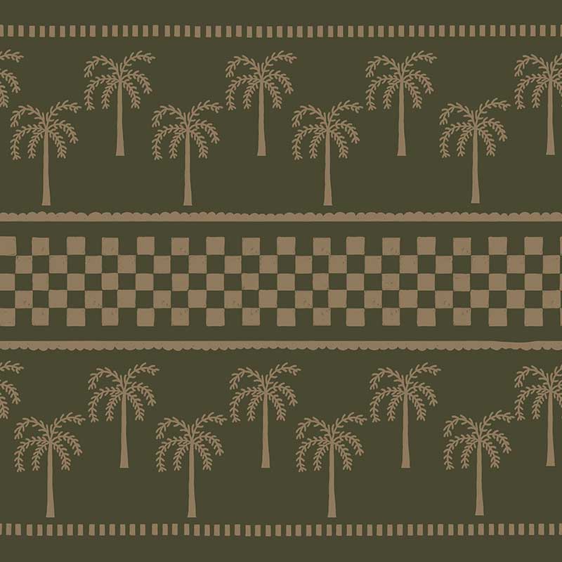 Earthy olive wallpaper with khaki palms arranged in rows and a central checker pattern band, from the Shatha collection with Urban Road.