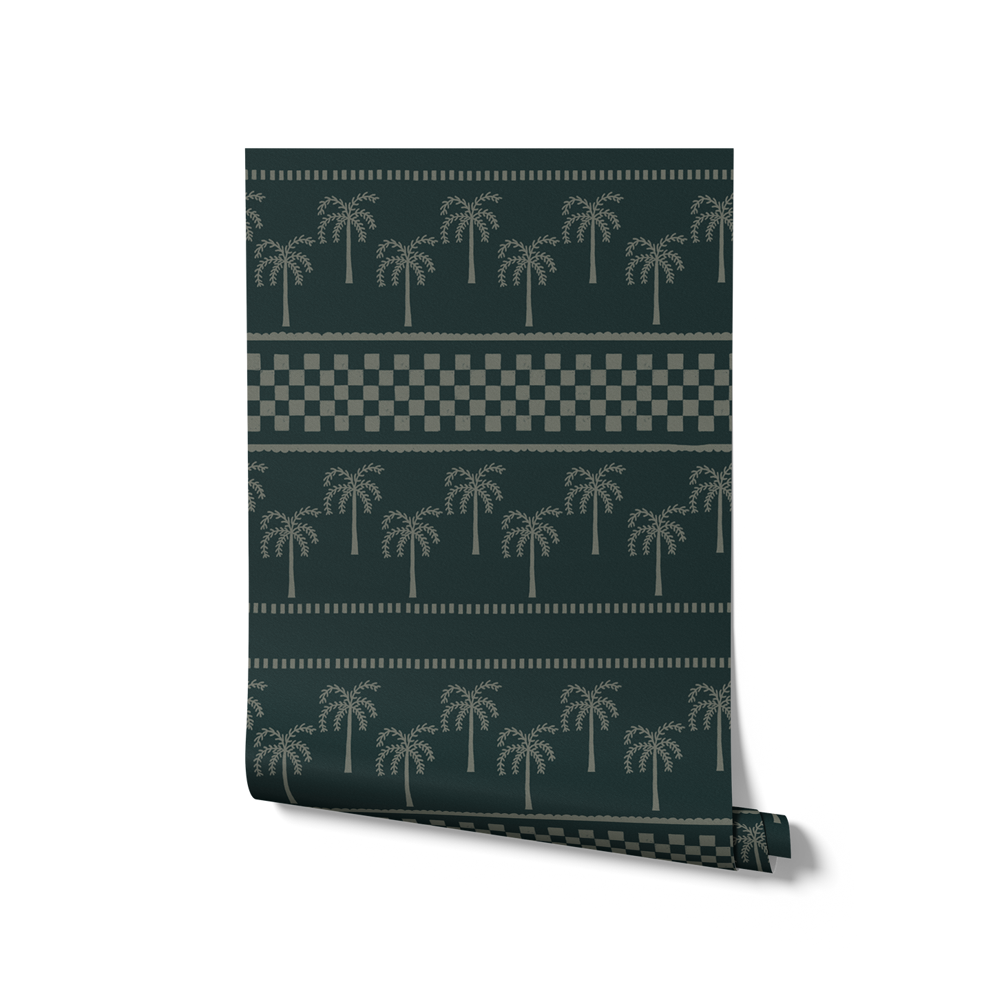 Bold forest green wallpaper with neat rows of palms and layered border accents in pale olive tones, from the Shatha collection with Urban Road.