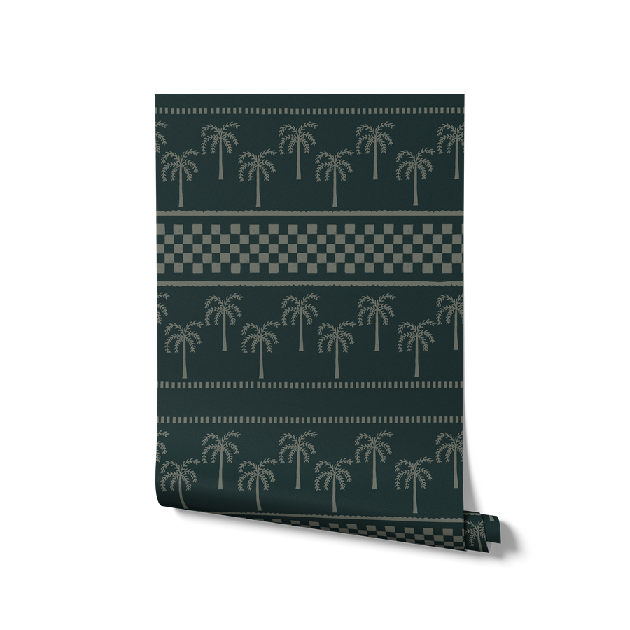 Bold forest green wallpaper with neat rows of palms and layered border accents in pale olive tones, from the Shatha collection with Urban Road.
