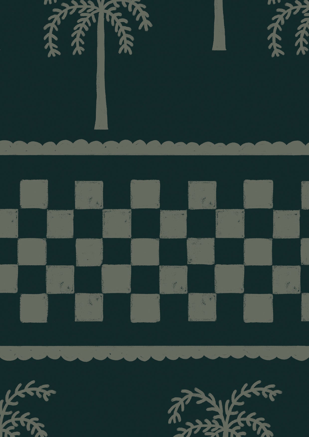 Bold forest green wallpaper with neat rows of palms and layered border accents in pale olive tones, from the Shatha collection with Urban Road.