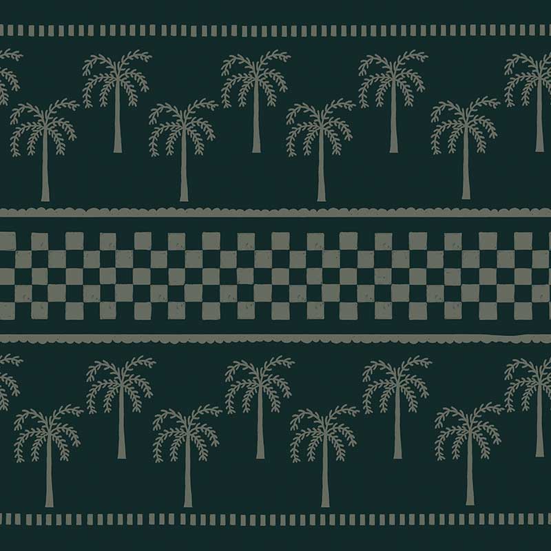 Bold forest green wallpaper with neat rows of palms and layered border accents in pale olive tones, from the Shatha collection with Urban Road.