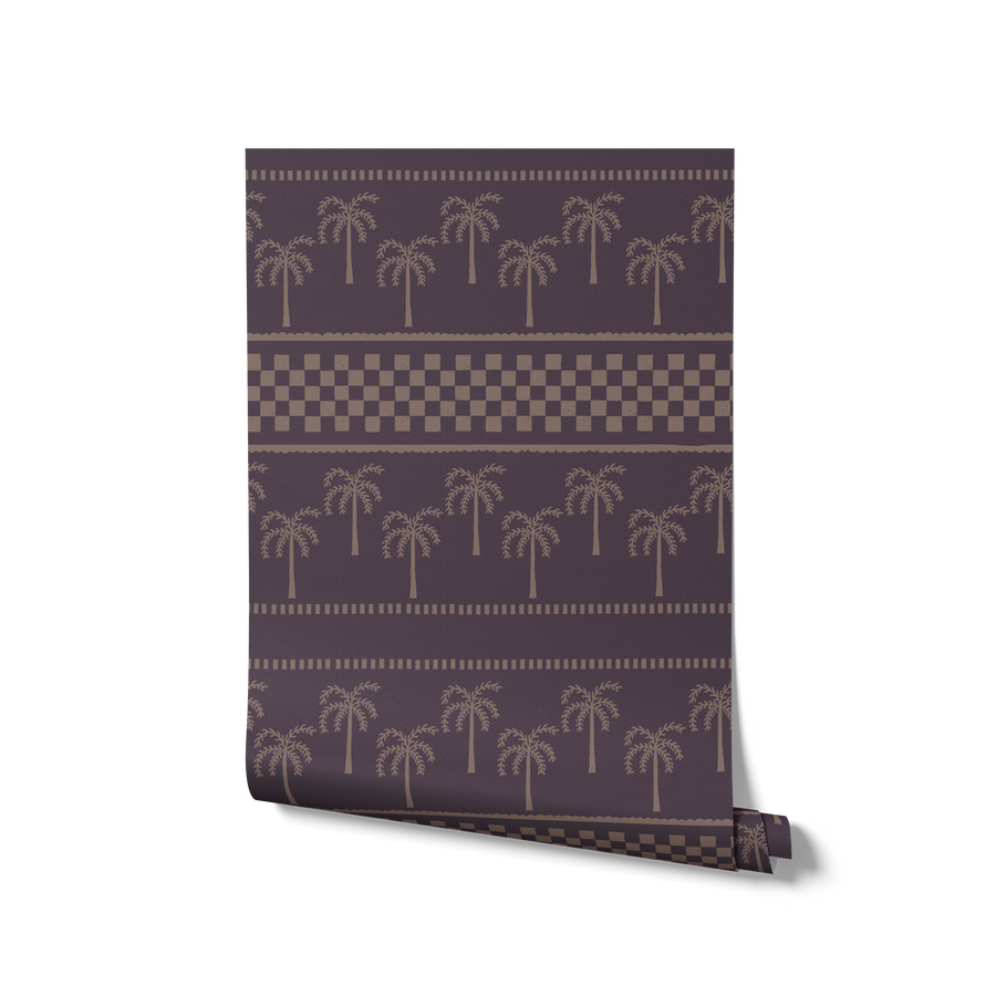 Warm terracotta wallpaper featuring stylised palm trees and decorative borders in muted coral tones, from the Shatha collection with Urban Road.