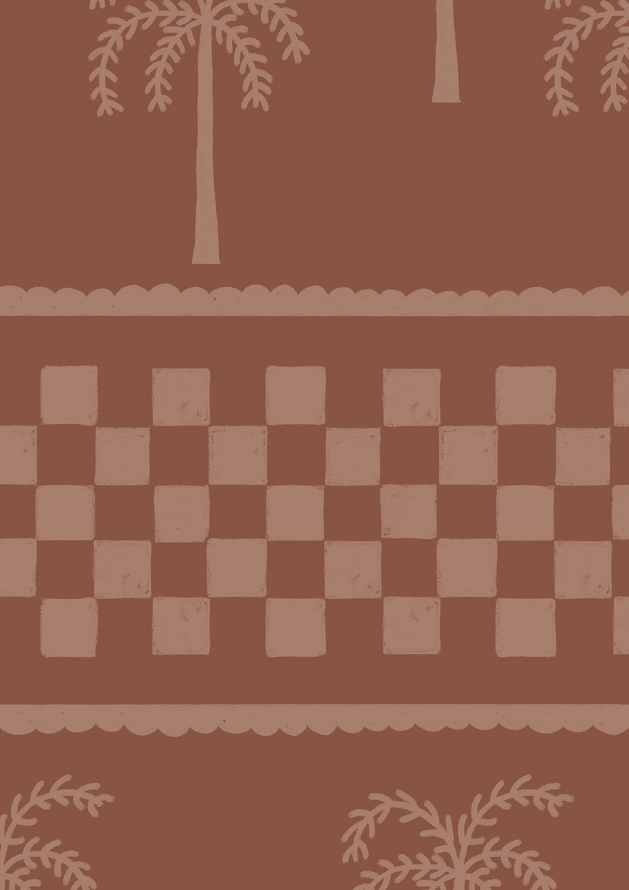 Warm terracotta wallpaper featuring stylised palm trees and decorative borders in muted coral tones, from the Shatha collection with Urban Road.