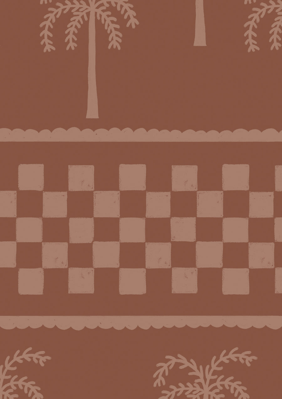 Warm terracotta wallpaper featuring stylised palm trees and decorative borders in muted coral tones, from the Shatha collection with Urban Road.