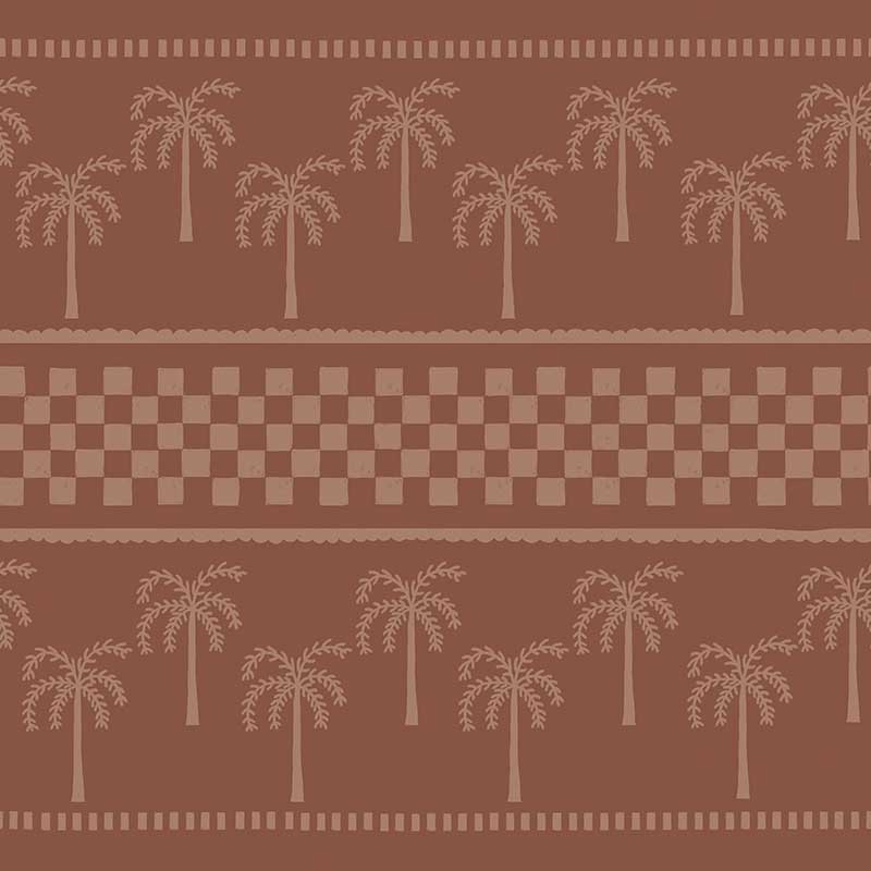 Warm terracotta wallpaper featuring stylised palm trees and decorative borders in muted coral tones, from the Shatha collection with Urban Road.