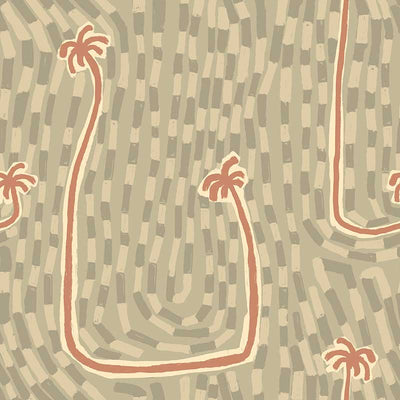 Playful light green wallpaper with hand-drawn swooping palm trees and layered mark-making in warm neutrals, from the Shatha collection with Urban Road.