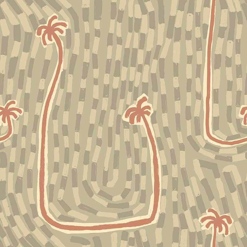 Playful light green wallpaper with hand-drawn swooping palm trees and layered mark-making in warm neutrals, from the Shatha collection with Urban Road.