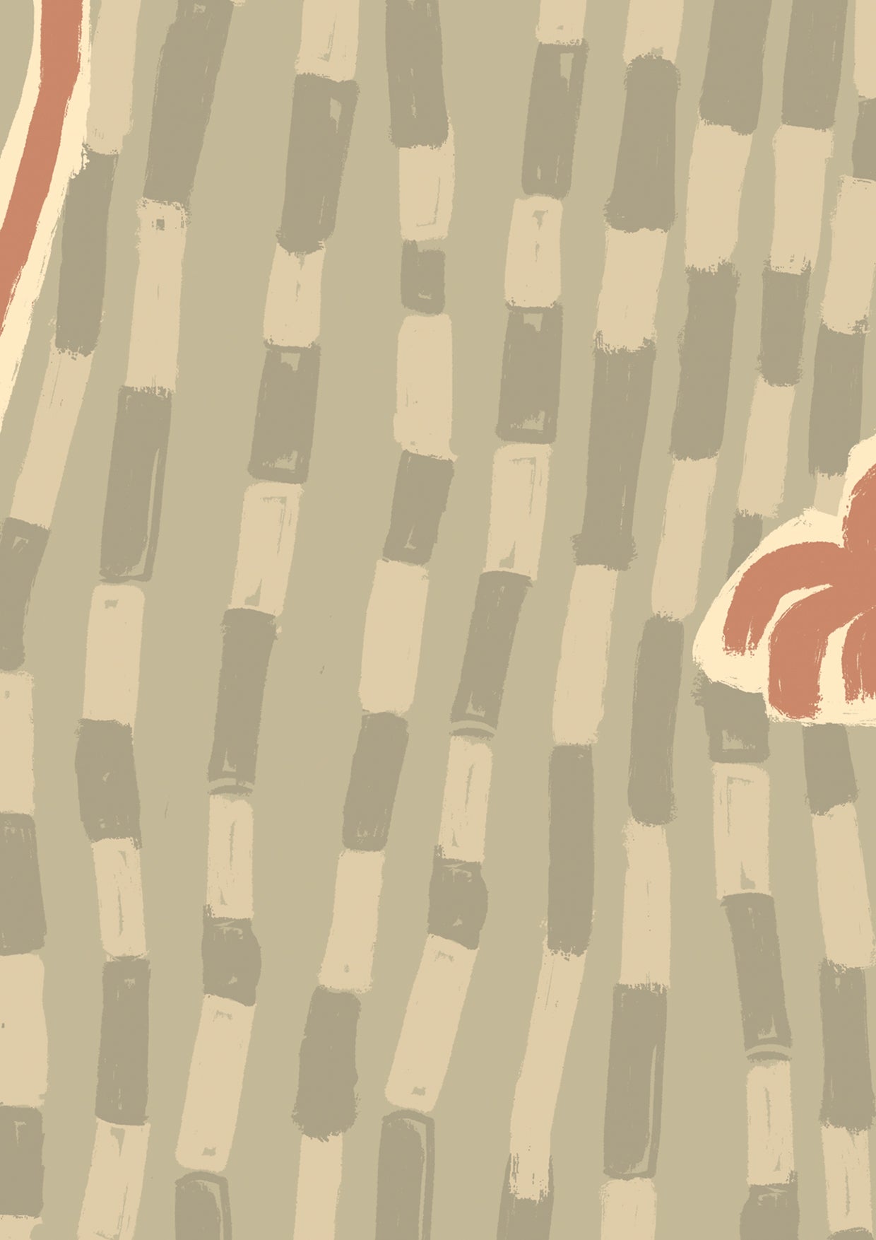 Playful light green wallpaper with hand-drawn swooping palm trees and layered mark-making in warm neutrals, from the Shatha collection with Urban Road.