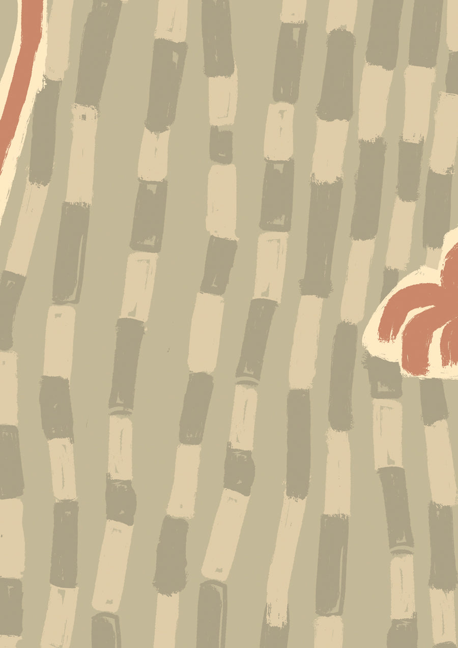 Playful light green wallpaper with hand-drawn swooping palm trees and layered mark-making in warm neutrals, from the Shatha collection with Urban Road.