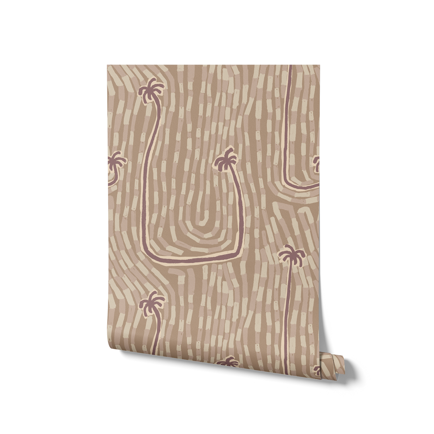 Neutral wallpaper with cream and blush palm trees, meandering curved trunks, and wavy textured background strokes, from the Shatha collection with Urban Road.