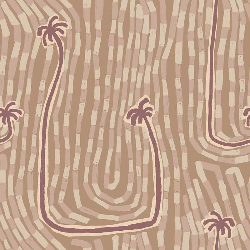 Neutral wallpaper with cream and blush palm trees, meandering curved trunks, and wavy textured background strokes, from the Shatha collection with Urban Road.