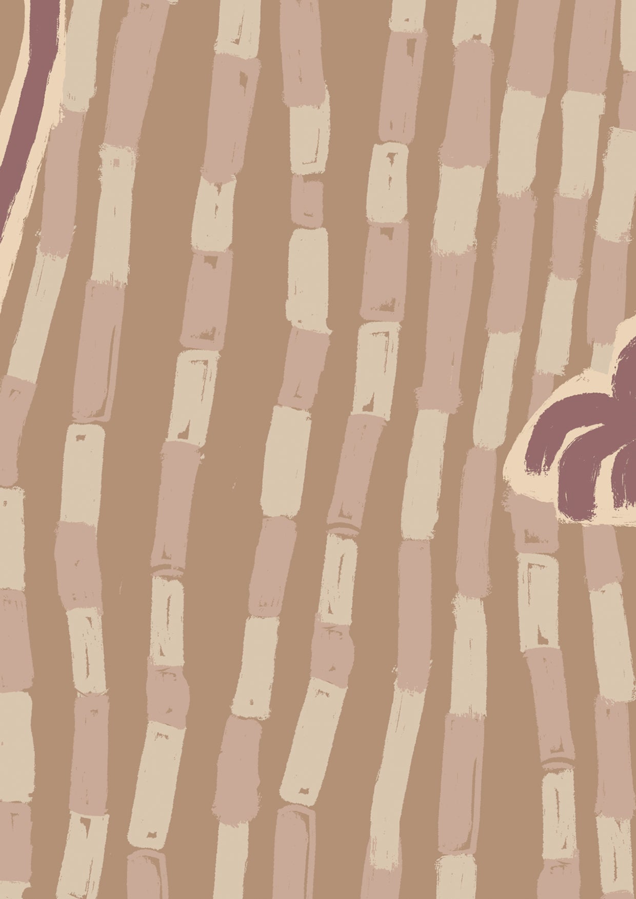 Neutral wallpaper with cream and blush palm trees, meandering curved trunks, and wavy textured background strokes, from the Shatha collection with Urban Road.