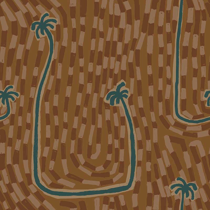 Rich ochre wallpaper featuring bold teal palms and sweeping trunk lines over a layered golden-brown pattern, from the Shatha collection with Urban Road.