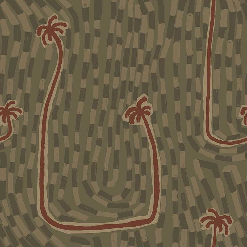 Moss green wallpaper with rust-toned palms and a dense linear background, creating organic flow and subtle movement, from the Shatha collection with Urban Road.
