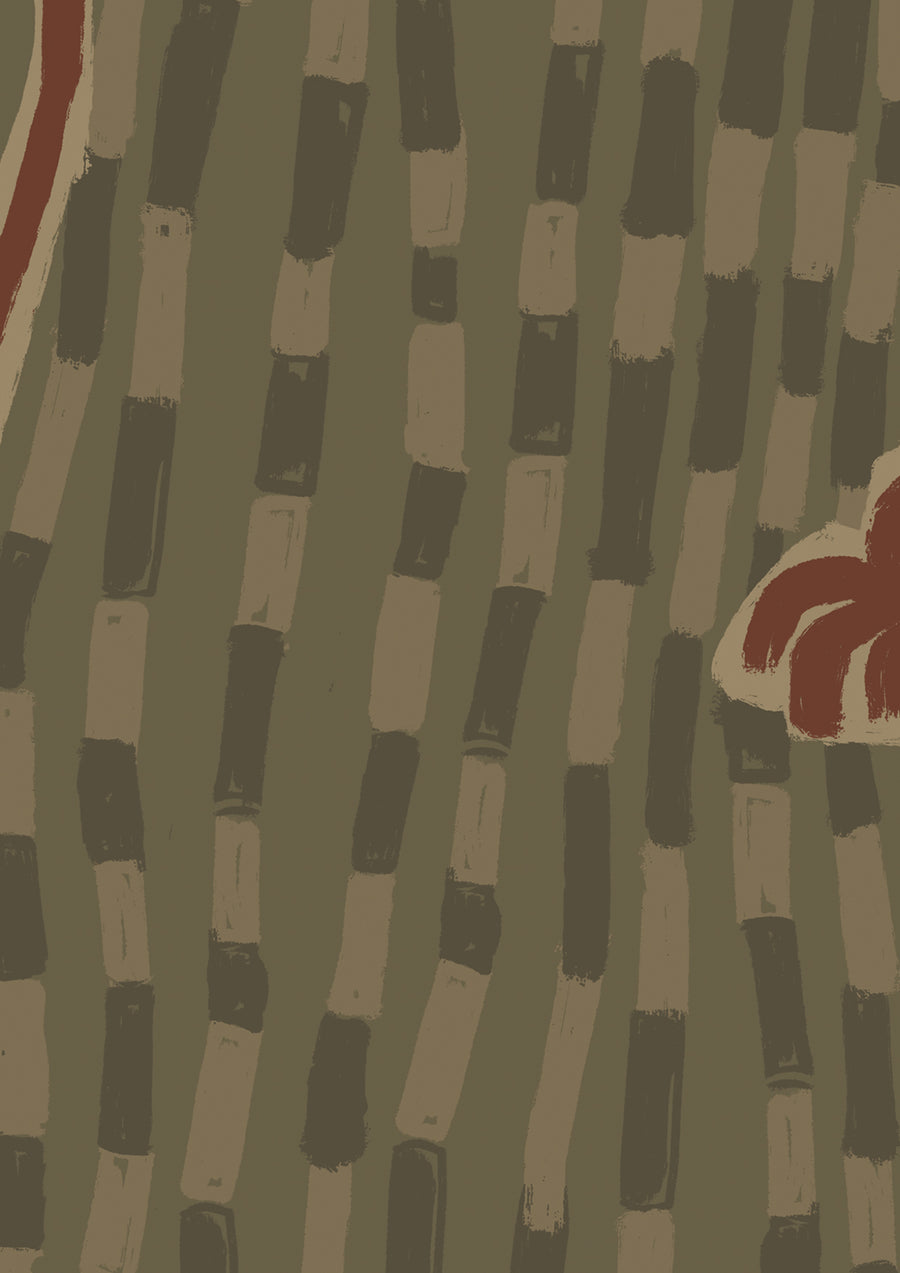 Moss green wallpaper with rust-toned palms and a dense linear background, creating organic flow and subtle movement, from the Shatha collection with Urban Road.