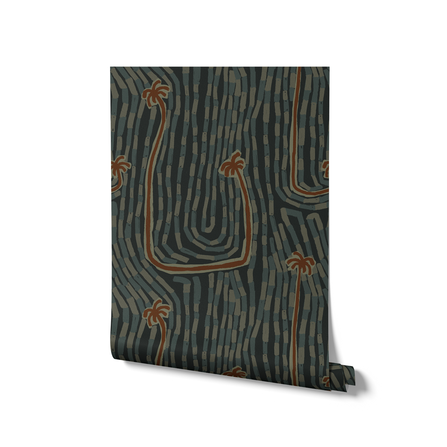 Deep teal wallpaper with warm-toned palm tops and wavy curved trunks layered on a rhythmic mark-filled backdrop, from the Shatha collection with Urban Road.