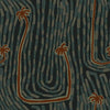 Deep teal wallpaper with warm-toned palm tops and wavy curved trunks layered on a rhythmic mark-filled backdrop, from the Shatha collection with Urban Road.