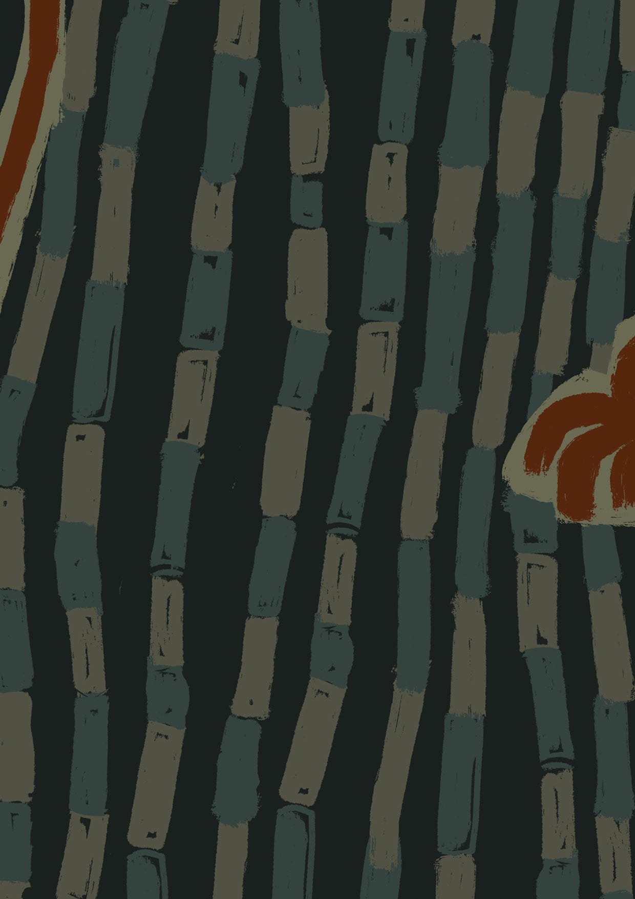 Deep teal wallpaper with warm-toned palm tops and wavy curved trunks layered on a rhythmic mark-filled backdrop, from the Shatha collection with Urban Road.