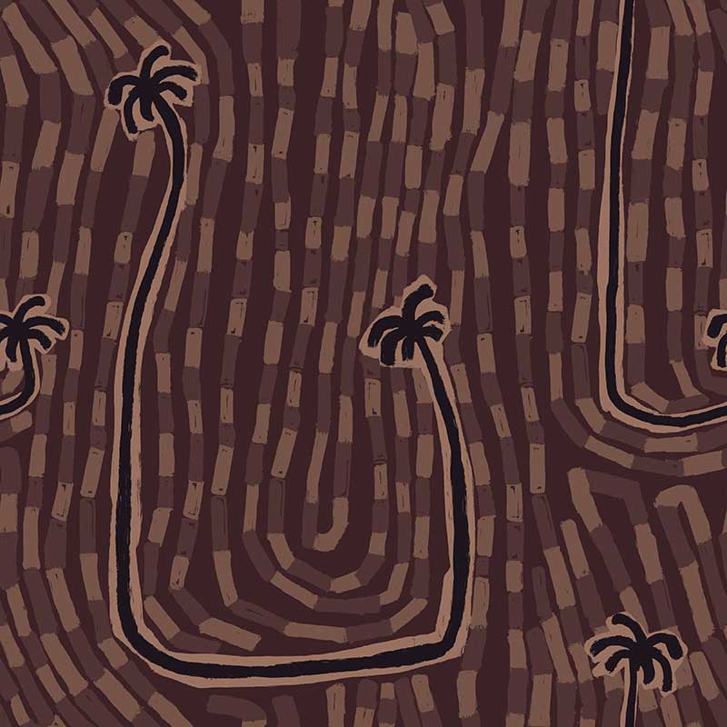 Warm earthy brown wallpaper with plum and rust palm details and hand-drawn wave-like linework, from the Shatha collection with Urban Road.