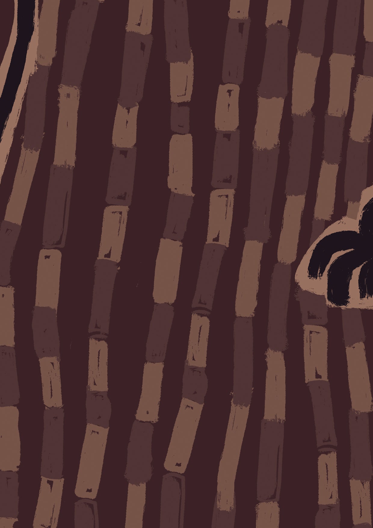 Warm earthy brown wallpaper with plum and rust palm details and hand-drawn wave-like linework, from the Shatha collection with Urban Road.