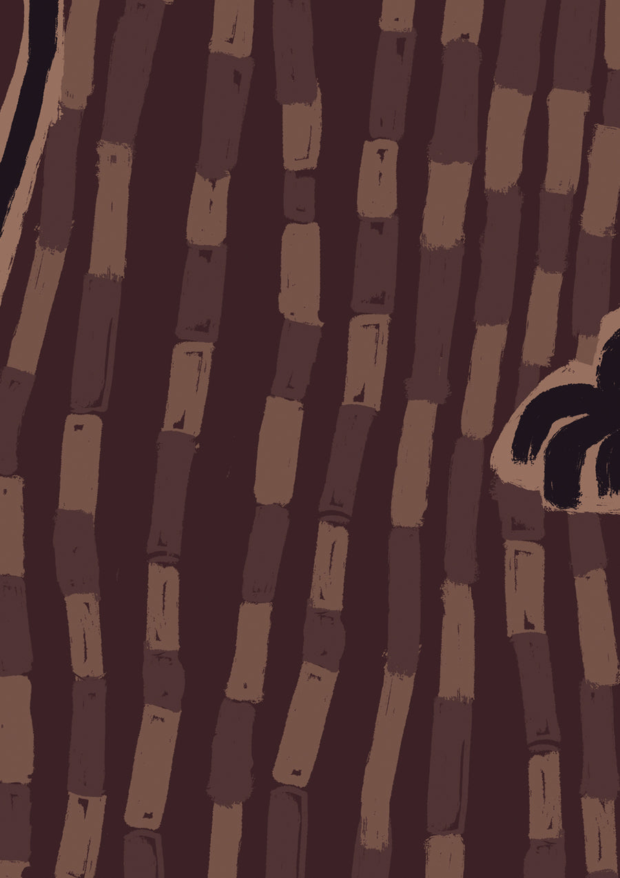 Warm earthy brown wallpaper with plum and rust palm details and hand-drawn wave-like linework, from the Shatha collection with Urban Road.