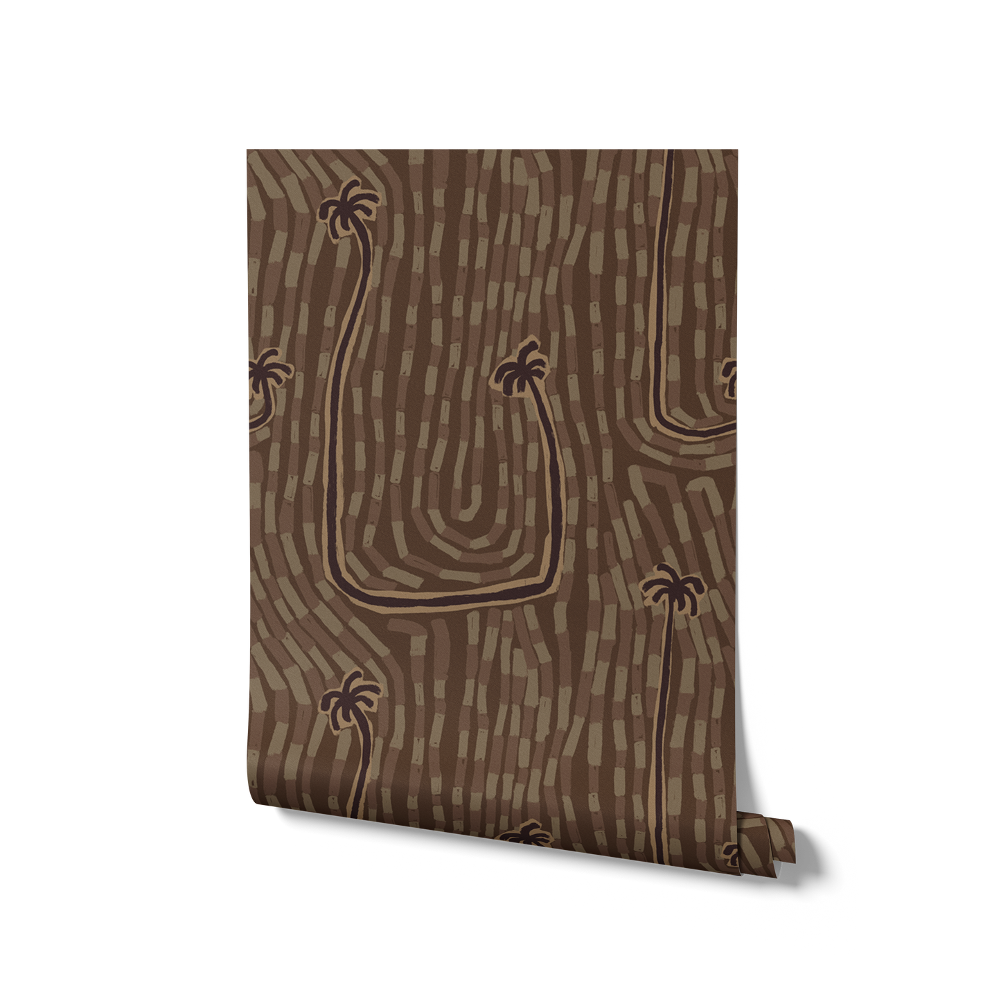 Dark brown wallpaper with tonal palm silhouettes and swooping curved lines that echo natural textures, from the Shatha collection with Urban Road.