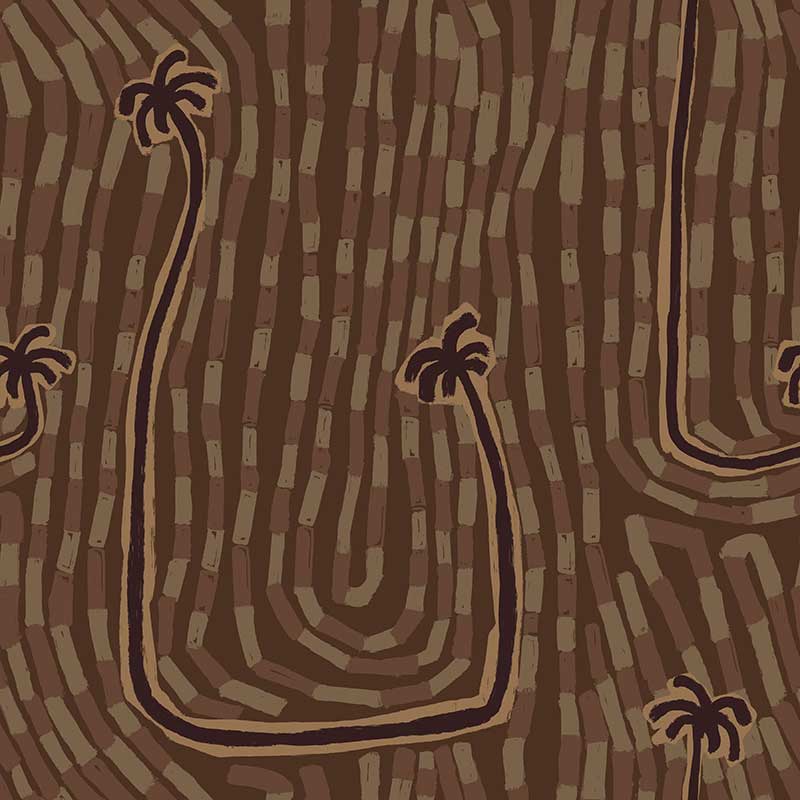 Dark brown wallpaper with tonal palm silhouettes and swooping curved lines that echo natural textures, from the Shatha collection with Urban Road.