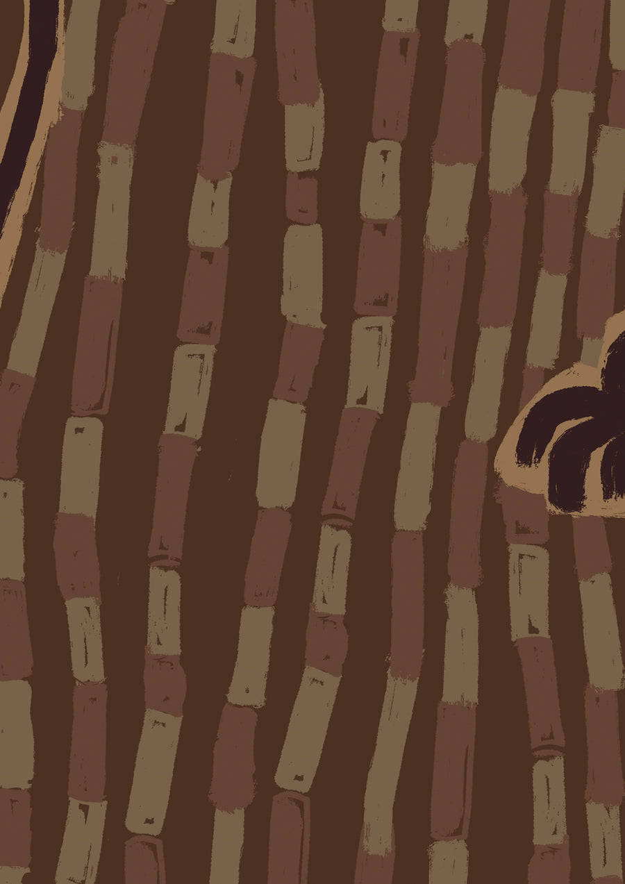 Dark brown wallpaper with tonal palm silhouettes and swooping curved lines that echo natural textures, from the Shatha collection with Urban Road.