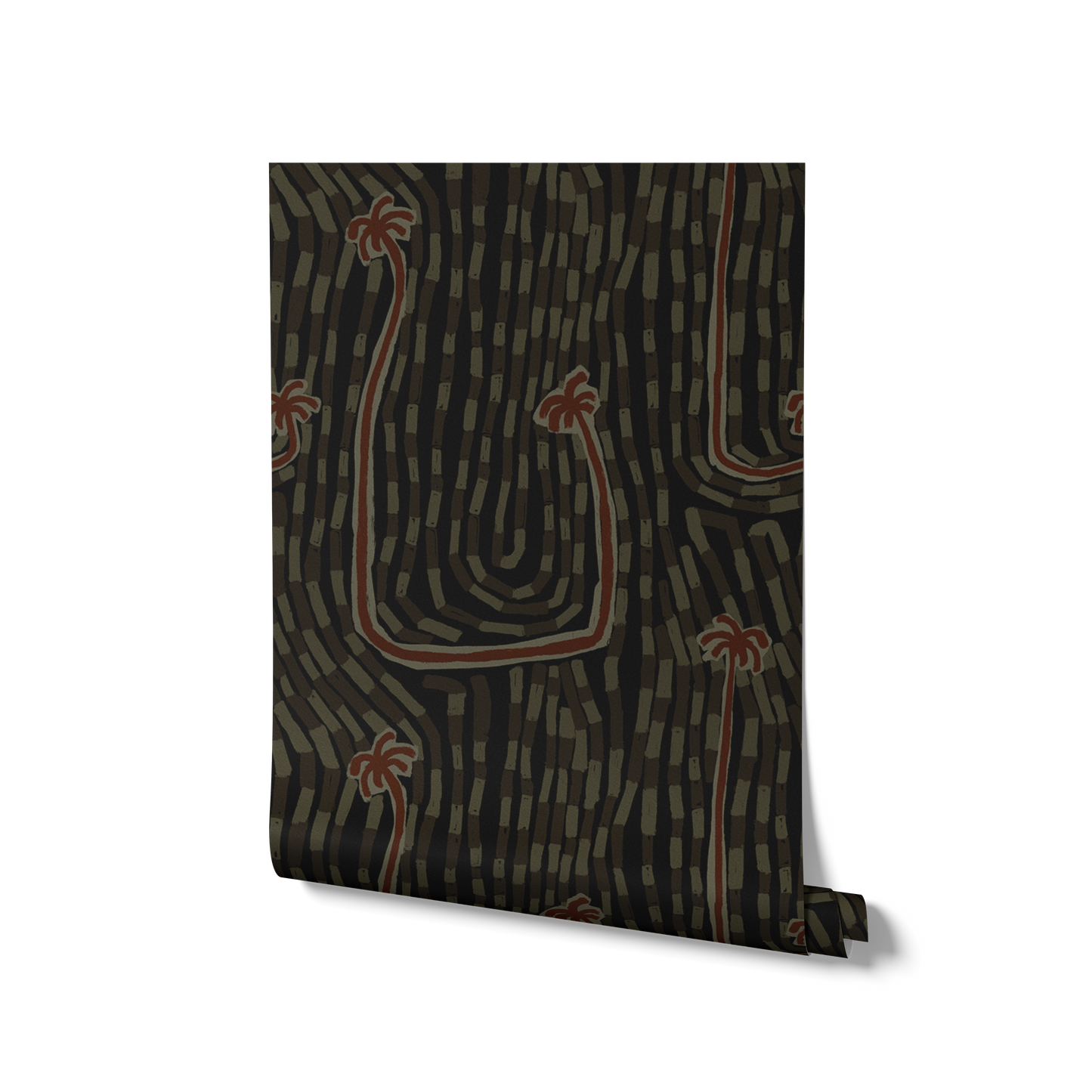 Charcoal black wallpaper featuring red-orange palm accents and sketchy rhythmic lines creating a sense of flow, from the Shatha collection with Urban Road.