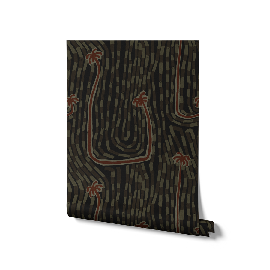 Charcoal black wallpaper featuring red-orange palm accents and sketchy rhythmic lines creating a sense of flow, from the Shatha collection with Urban Road.