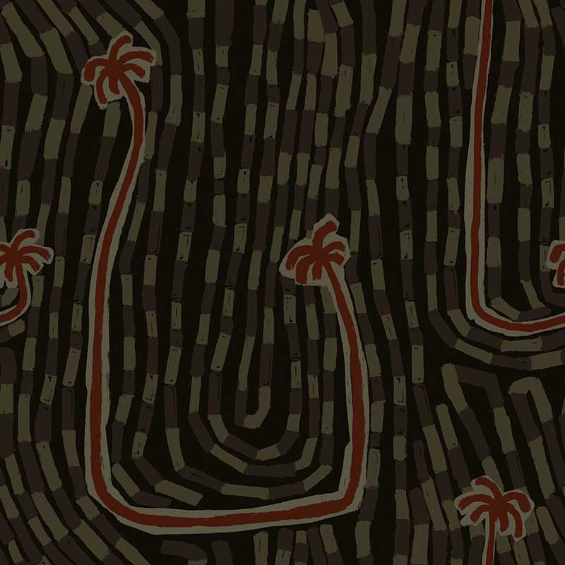 Charcoal black wallpaper featuring red-orange palm accents and sketchy rhythmic lines creating a sense of flow, from the Shatha collection with Urban Road.