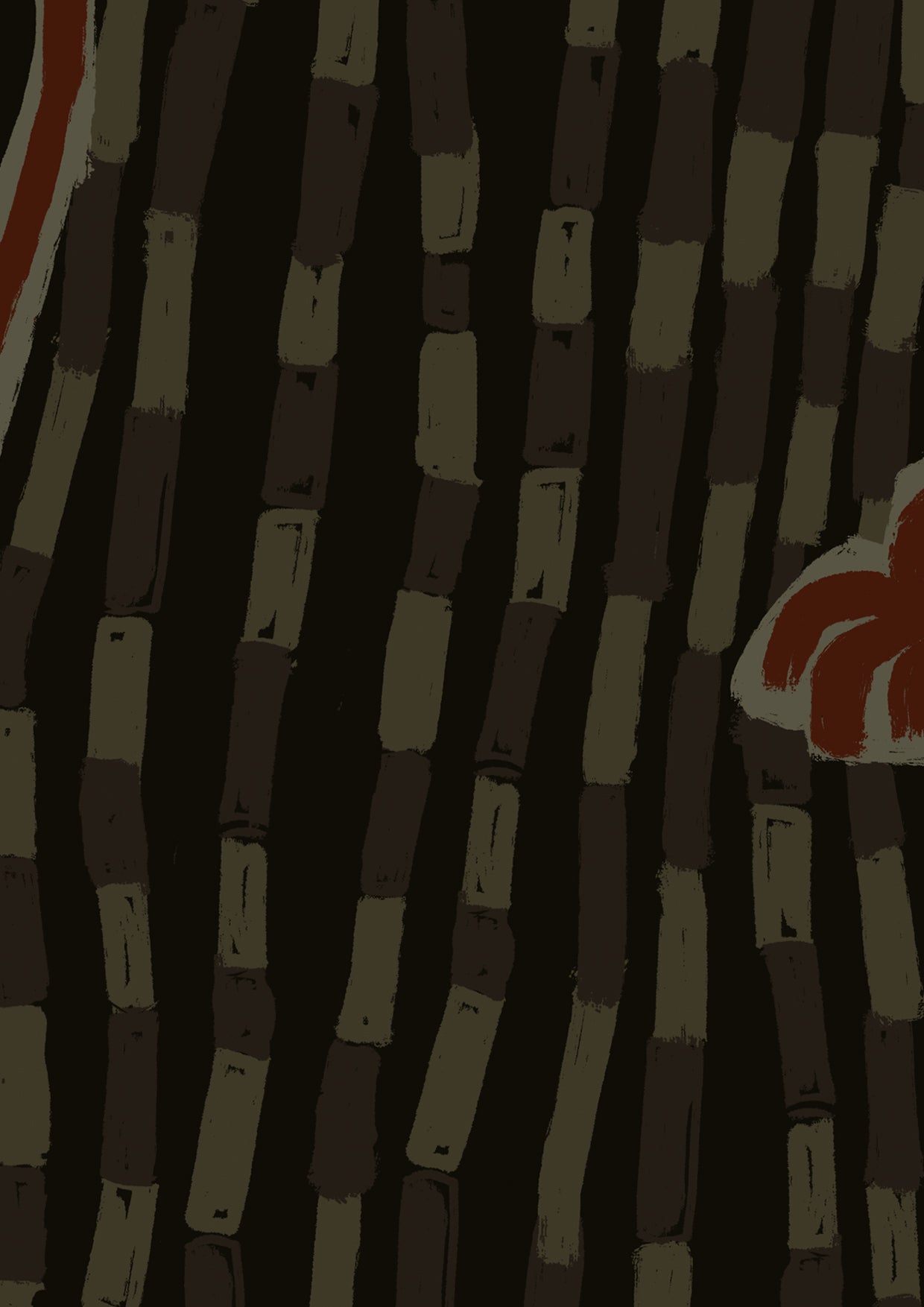 Charcoal black wallpaper featuring red-orange palm accents and sketchy rhythmic lines creating a sense of flow, from the Shatha collection with Urban Road.