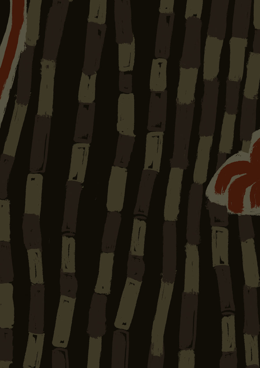 Charcoal black wallpaper featuring red-orange palm accents and sketchy rhythmic lines creating a sense of flow, from the Shatha collection with Urban Road.