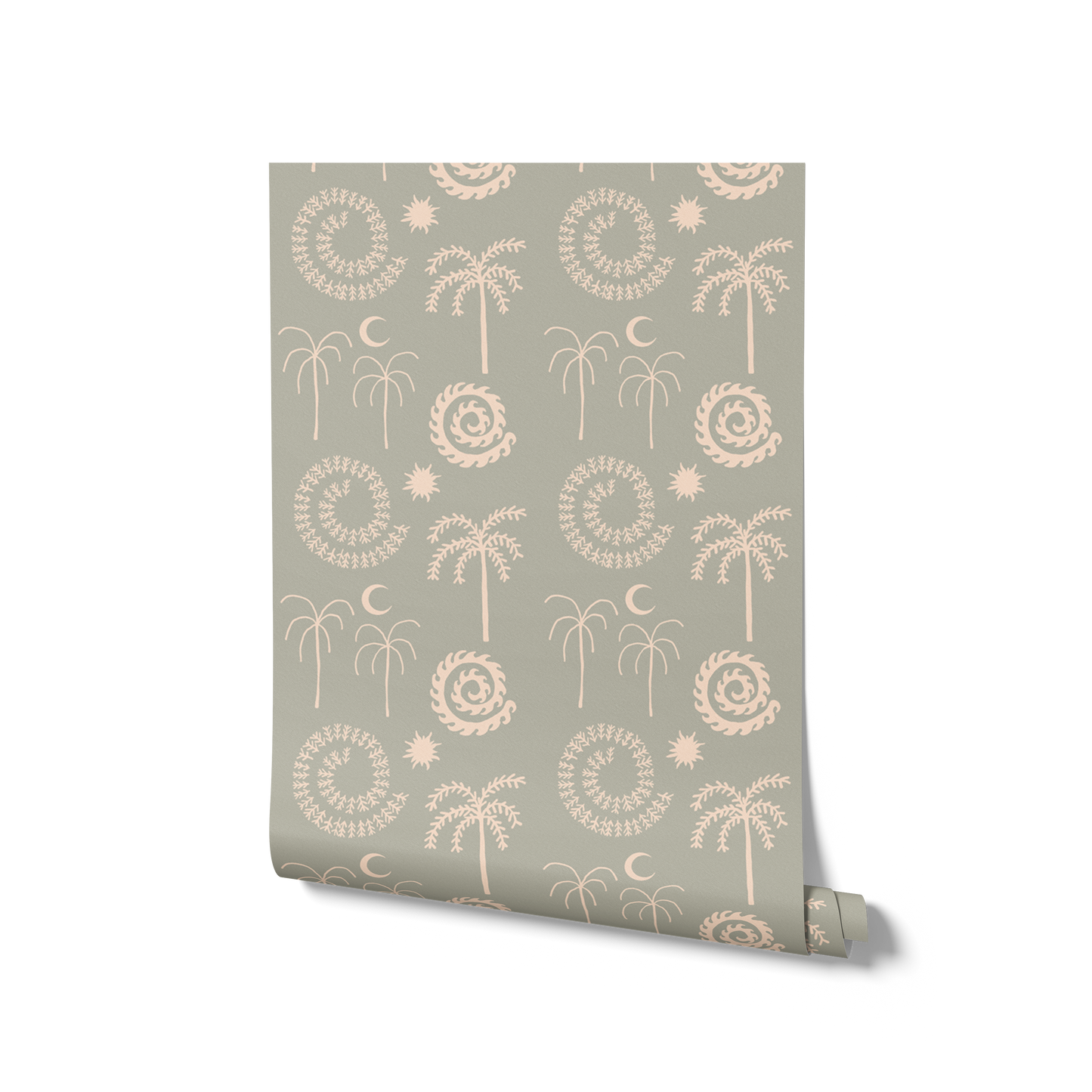 Mint green wallpaper with hand-drawn palm trees, swirling sunburst motifs, and crescent moons in pale cream, from the Shatha collection with Urban Road.