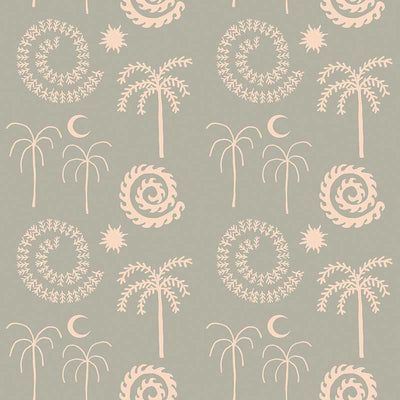 Mint green wallpaper with hand-drawn palm trees, swirling sunburst motifs, and crescent moons in pale cream, from the Shatha collection with Urban Road.