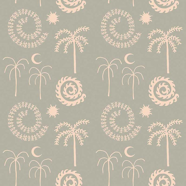 Mint green wallpaper with hand-drawn palm trees, swirling sunburst motifs, and crescent moons in pale cream, from the Shatha collection with Urban Road.