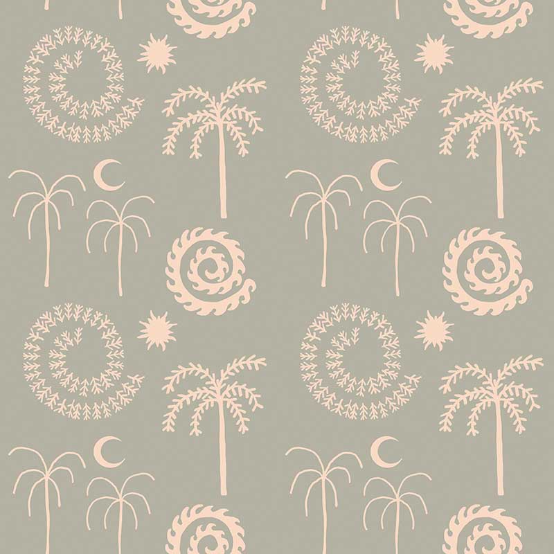 Mint green wallpaper with hand-drawn palm trees, swirling sunburst motifs, and crescent moons in pale cream, from the Shatha collection with Urban Road.