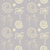 Soft sky blue wallpaper with cream-toned tropical illustrations of palms, moons, and spiral suns, from the Shatha collection with Urban Road.