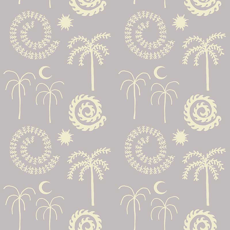 Soft sky blue wallpaper with cream-toned tropical illustrations of palms, moons, and spiral suns, from the Shatha collection with Urban Road.