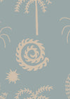 Muted blue wallpaper featuring whimsical line-drawn palms, celestial shapes, and spiralling motifs in ivory, from the Shatha collection with Urban Road.