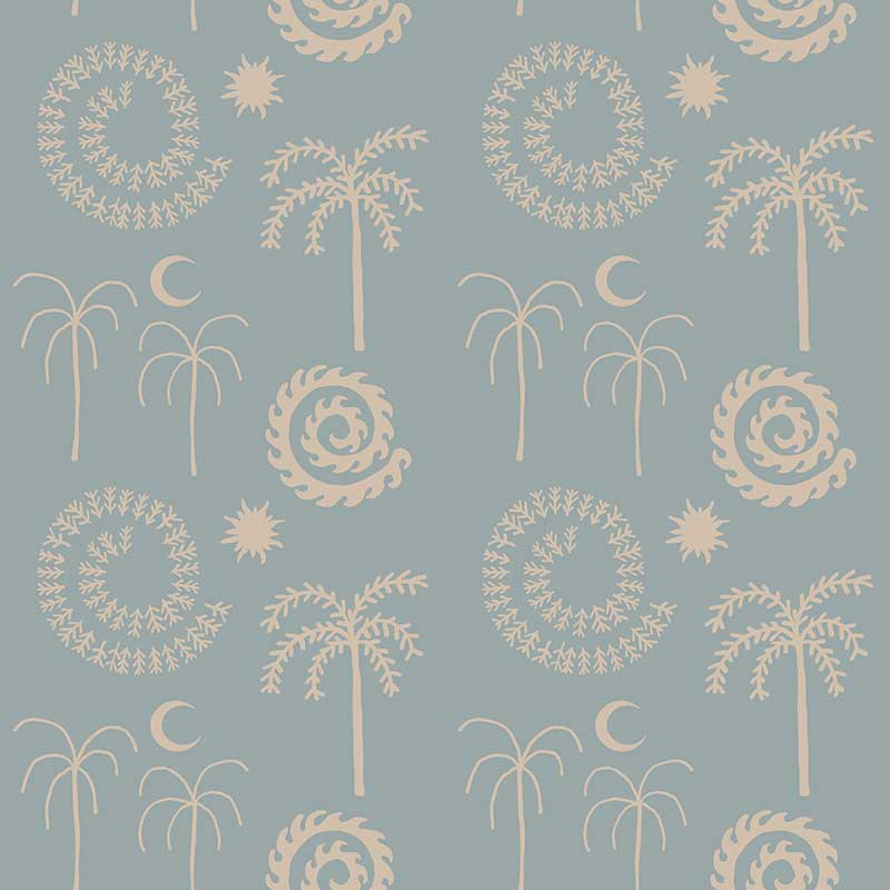 Muted blue wallpaper featuring whimsical line-drawn palms, celestial shapes, and spiralling motifs in ivory, from the Shatha collection with Urban Road.