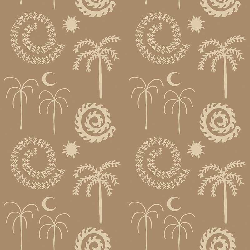 Deep blue wallpaper with off-white palm trees and celestial symbols creating a dreamy island pattern, from the Shatha collection with Urban Road.