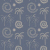 Warm brown wallpaper with tonal botanical and celestial motifs including stylised palms, stars, and spirals, from the Shatha collection with Urban Road.