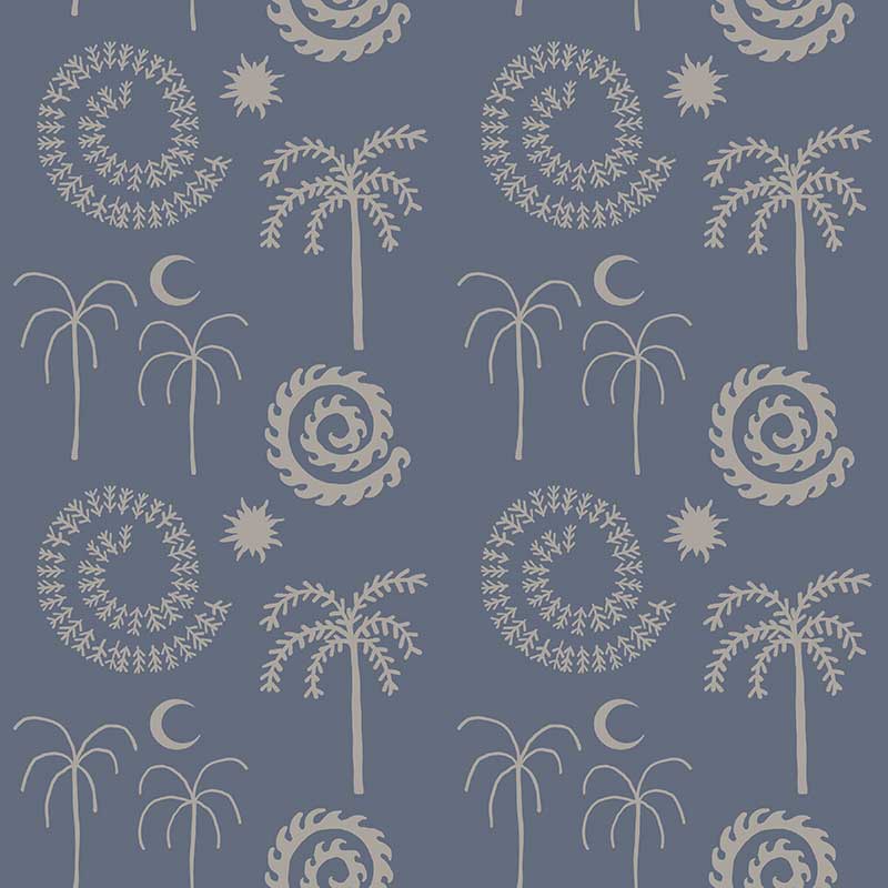 Warm brown wallpaper with tonal botanical and celestial motifs including stylised palms, stars, and spirals, from the Shatha collection with Urban Road.