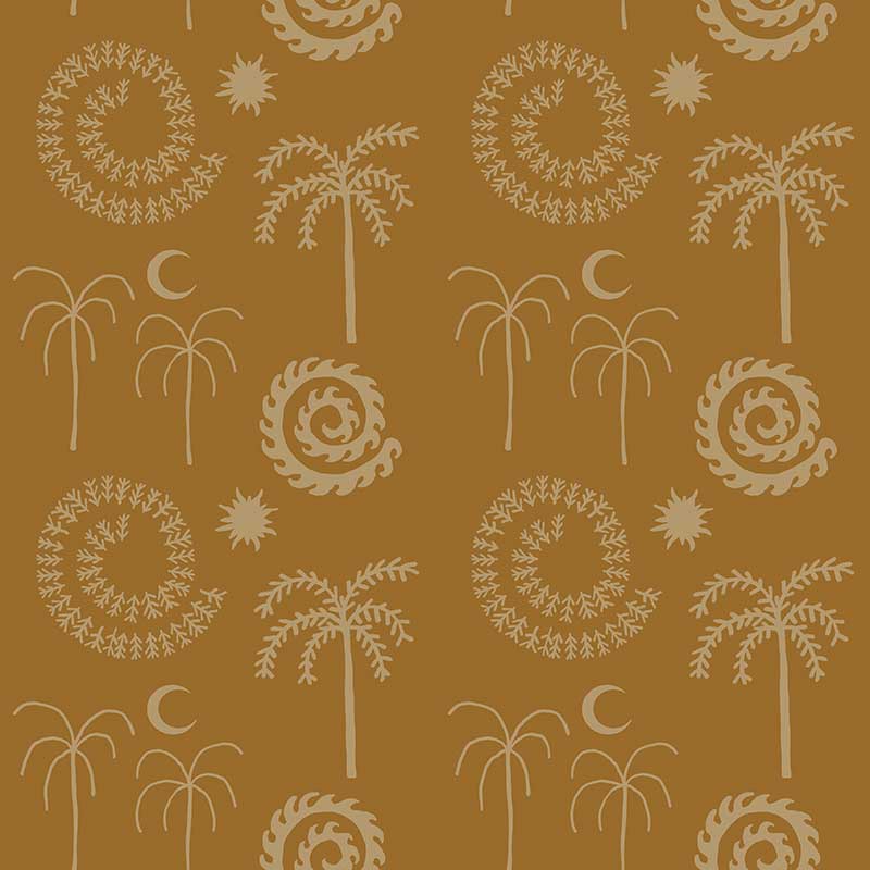 Golden ochre wallpaper decorated with whimsical cream palms, moons, and swirling sun forms, from the Shatha collection with Urban Road.